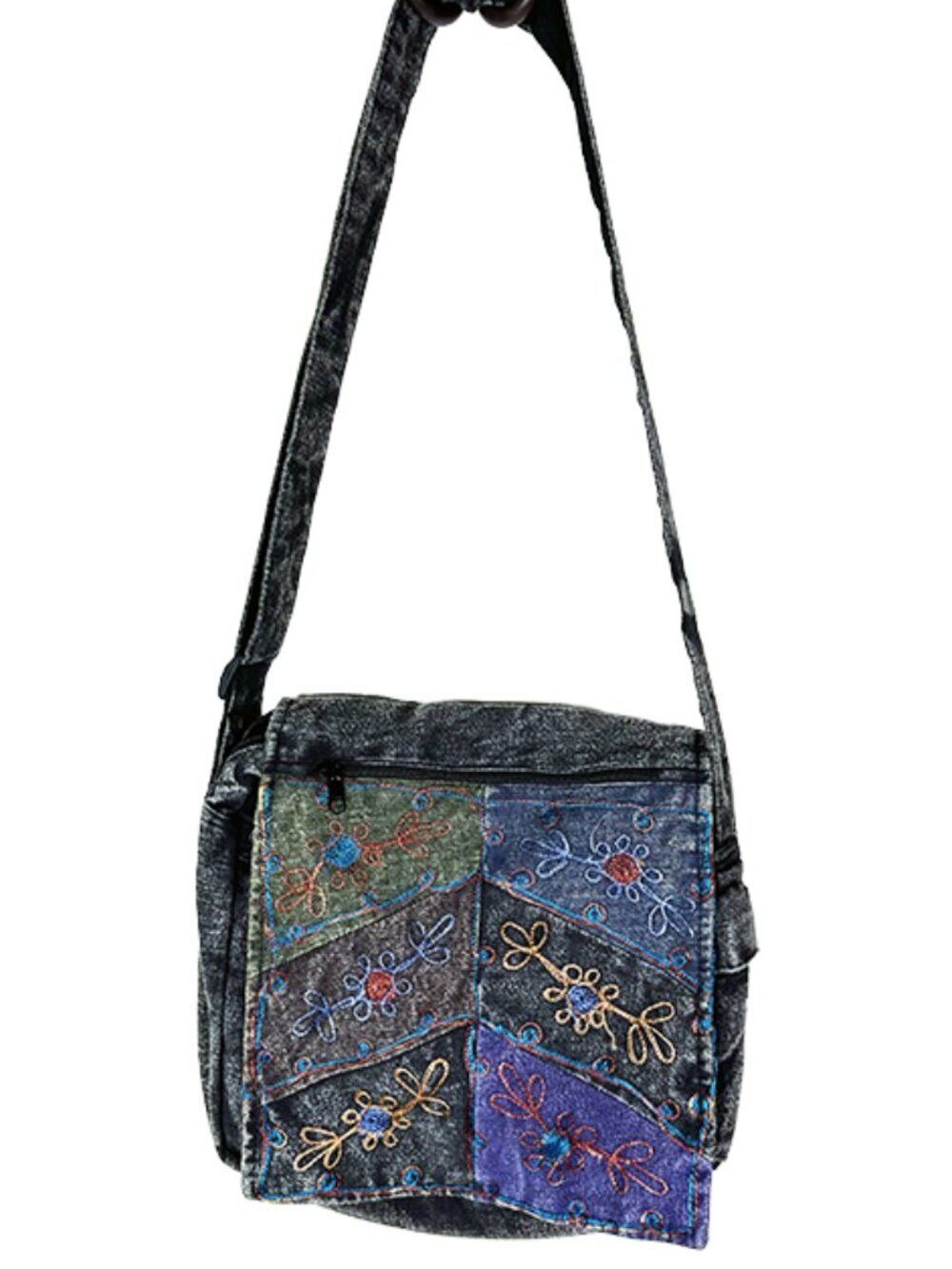 NWT New Black Stonewashed Embroidered Crossbody Bag